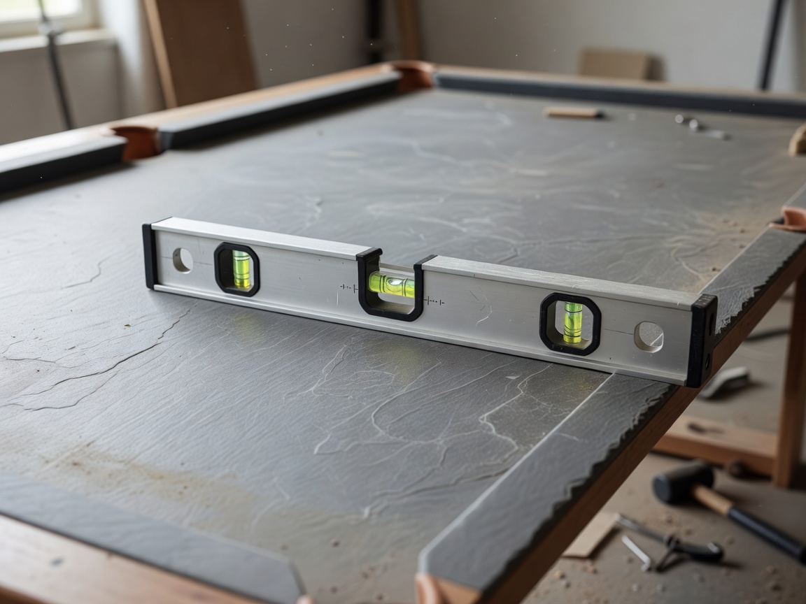 A spirit level resting across an uncovered billiard-table bed during installation