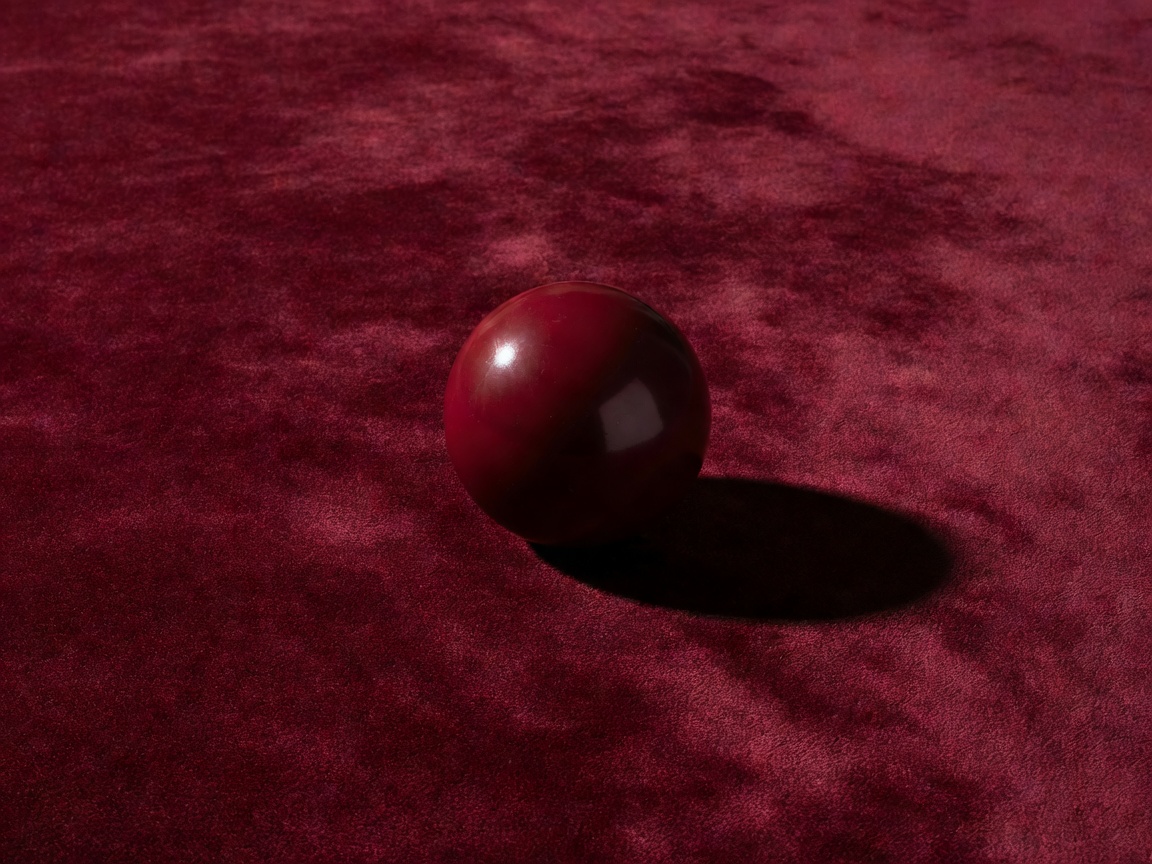 A billiard ball on richly coloured table cloth under directional light