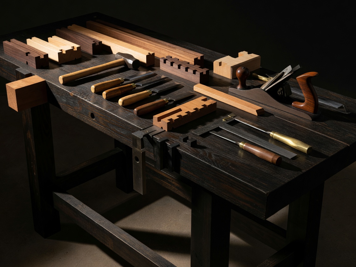 Prepared hardwood members and hand tools on a low-lit woodworking bench