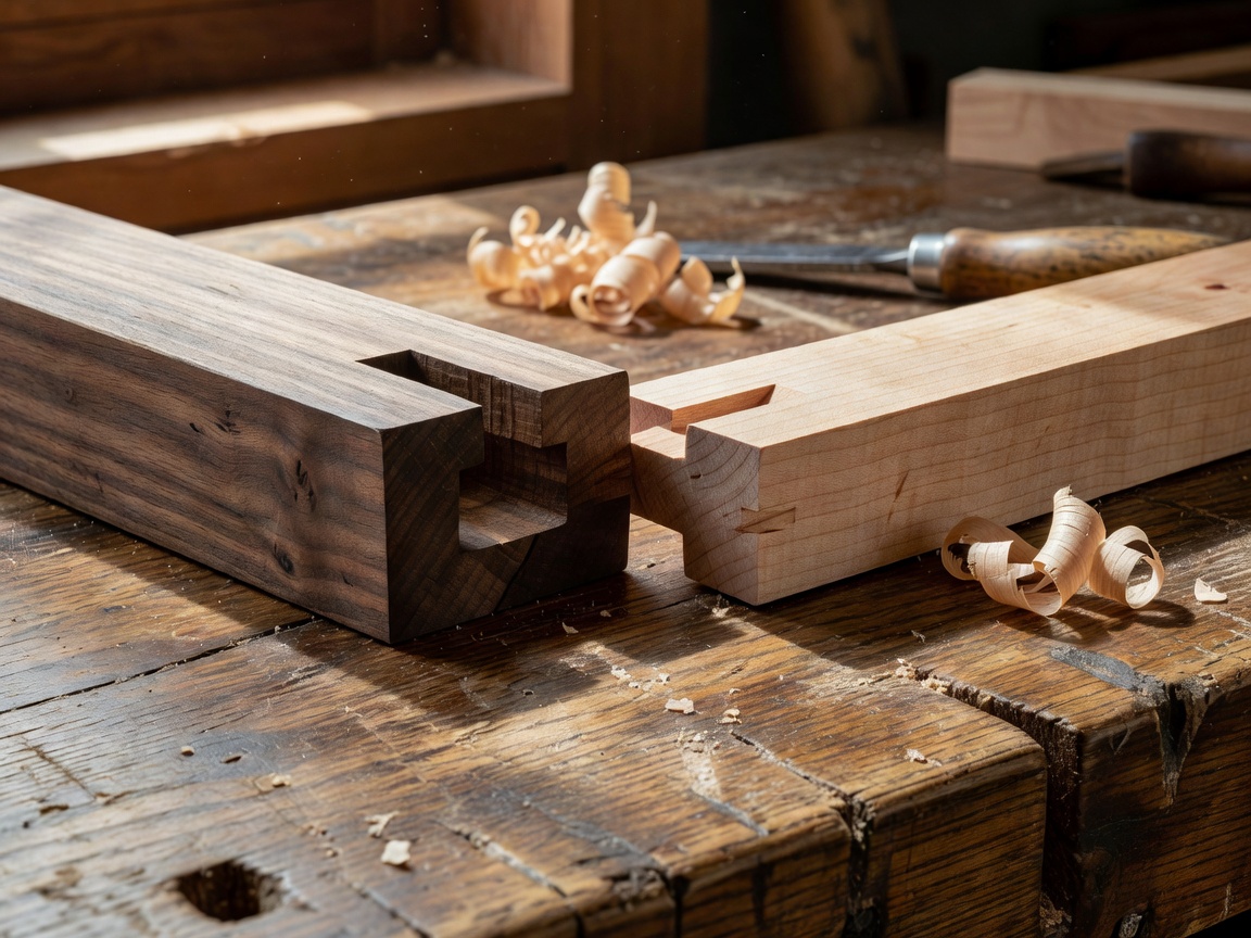 Close woodworking study of an unassembled mortise-and-tenon joint